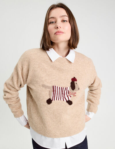 Pull manches longues et noeud beige femme
