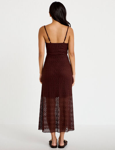 Robe longue droite col b&eacute;nitier dentelle marron femme