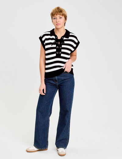 Pull sans manches col chemise noir femme