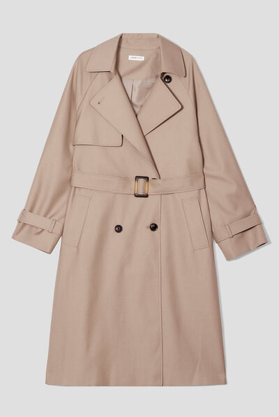 Trench long cintré ceinturé sable femme