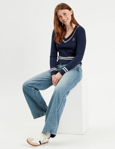 Pull manches longues torsades bleu marine femme
