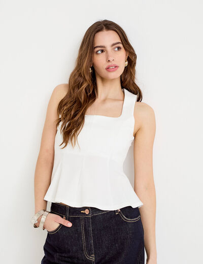 Top cintr&eacute; col carr&eacute; sans manches ecru femme