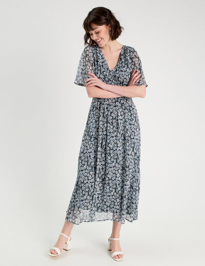 Robe longue évasée col en V bleu femme
