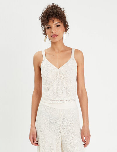 Débardeur cropped dentelle ecru femme