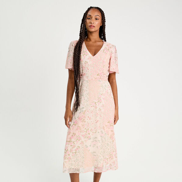 robe midi evasee col en v rose pastel femme Robe midi évasée col en V rose pastel femme