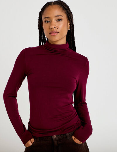 T-shirt uni &agrave; manches longues bordeaux femme