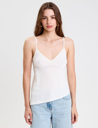 Débardeur asymétrique court col v ecru femme