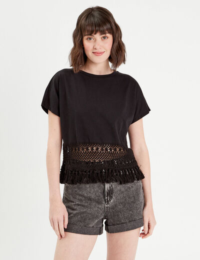T-shirt franges crochet noir femme