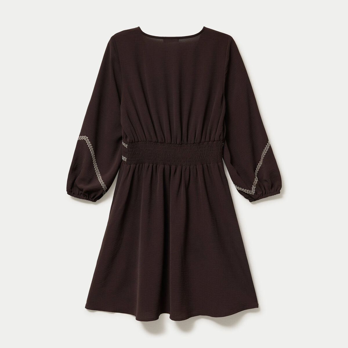 Robe courte &eacute;vas&eacute;e col v manches 3/4 marron fonc&eacute; femme