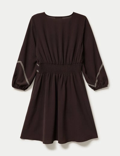 Robe courte &eacute;vas&eacute;e col v manches 3/4 marron fonc&eacute; femme