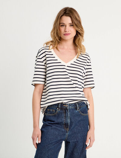 T-shirt oversize col en V bleu foncé femme
