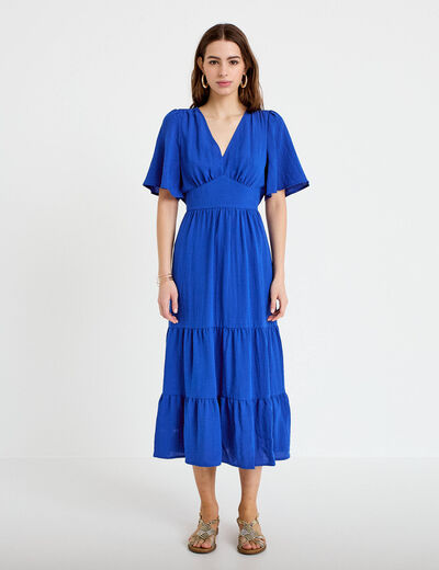 Robe &eacute;vas&eacute;e col v bleu electrique femme