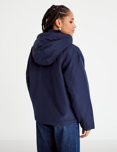 Parka courte &agrave; capuche manches longues bleu marine femme