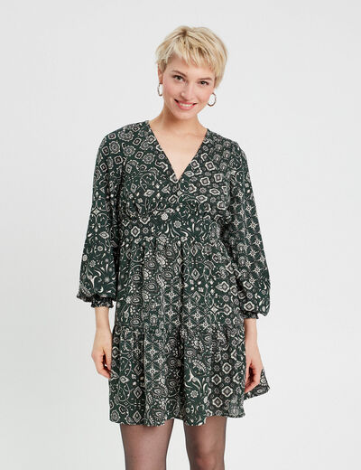 Robe évasée col en V vert femme