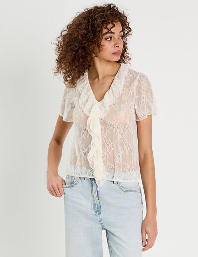 Top dentelle et volants ecru femme