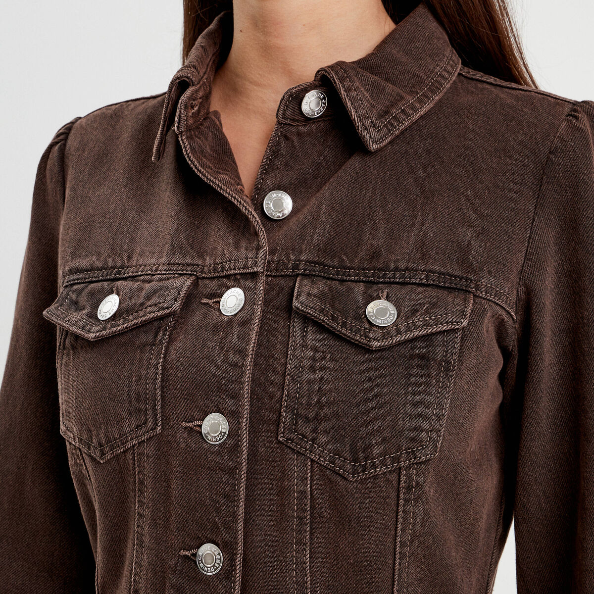 Robe chemise droite en jean marron foncé femme