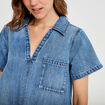 Robe trap&egrave;ze courte en jean col chemise denim double stone femme