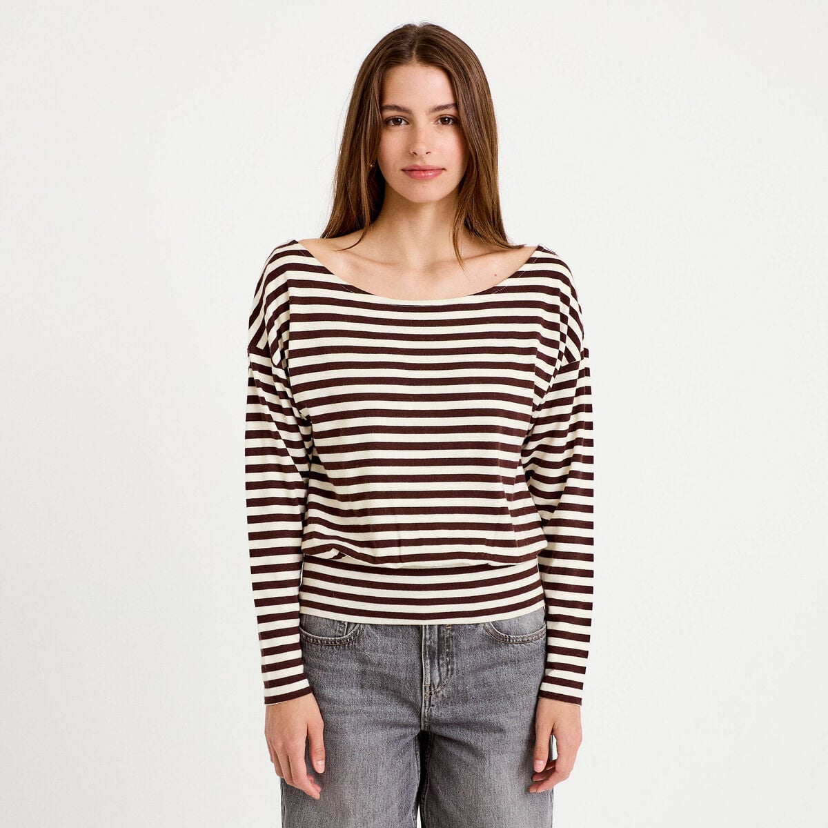Pull col bateau manches longues blanc femme