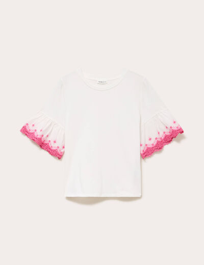 T-shirt brod&eacute; manches courtes ecru femme
