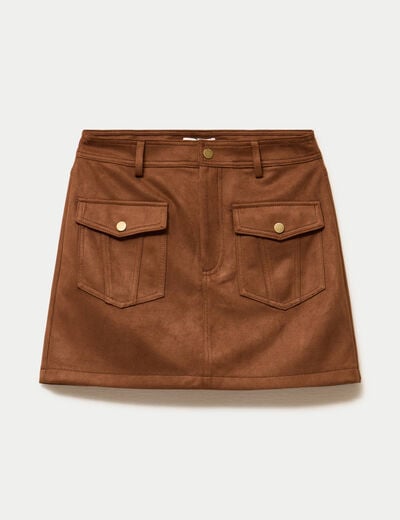 Jupe-short trap&egrave;ze aspect daim marron femme
