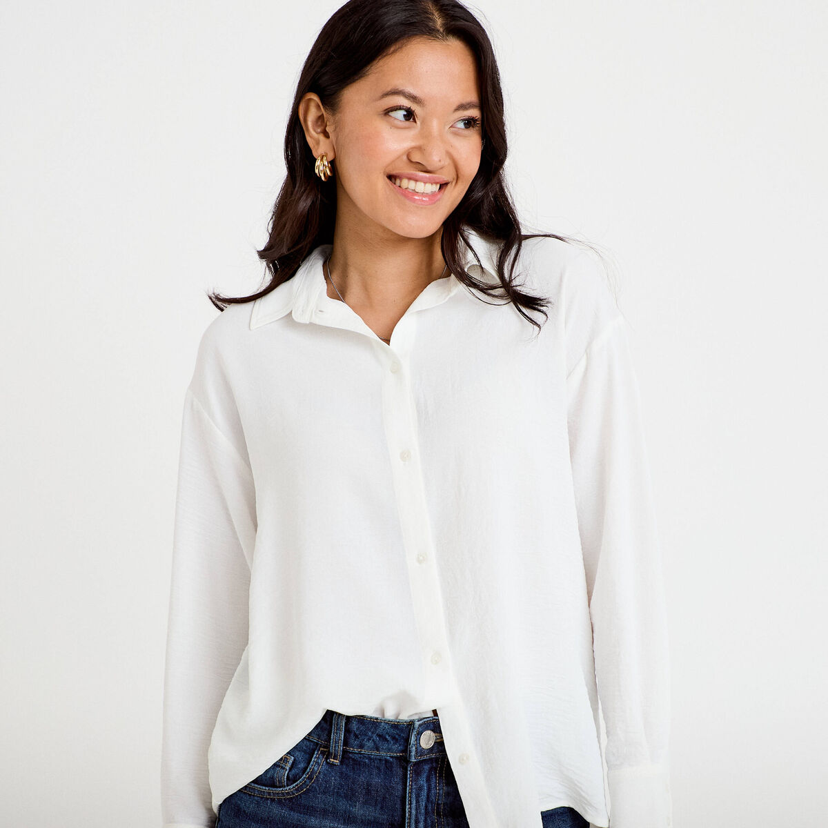 Chemise ample pliss&eacute;e manches longues ecru femme