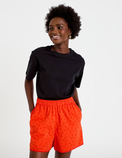 Short avec broderie orange fonc&eacute; femme