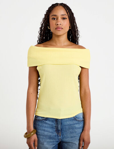 Top col bardot jaune pastel femme