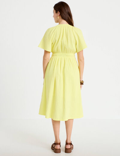 Robe midi pliss&eacute;e col v manches courtes jaune citron femme
