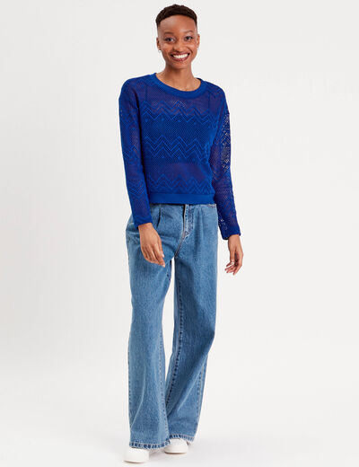 Sweat ajouré manches longues bleu electrique femme