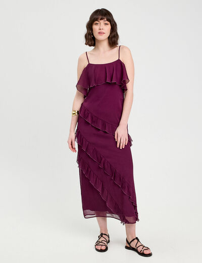 Robe longue droite volants prune femme