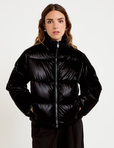 Doudoune cropped col montant brillante noir femme