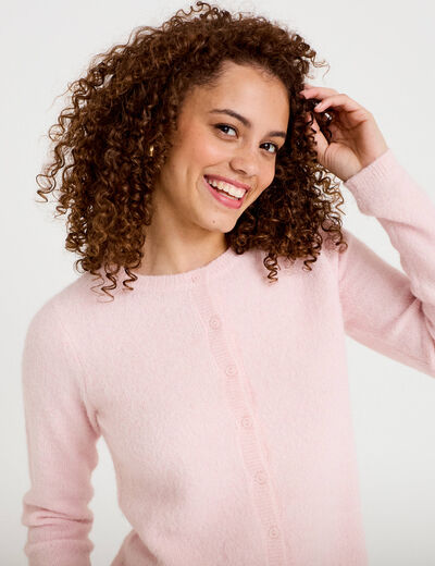 Gilet col rond manches longues rose clair femme