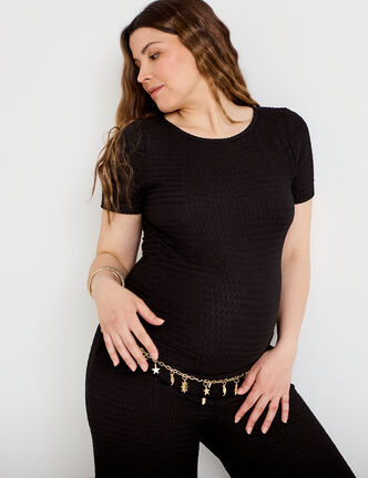 T-shirt col rond manches courtes bijou noir femme