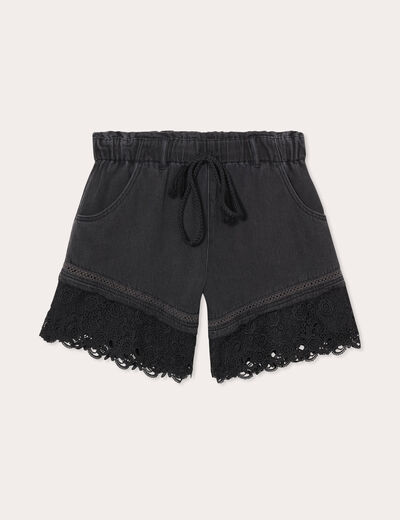 Short flare dentelle en jean denim noir femme