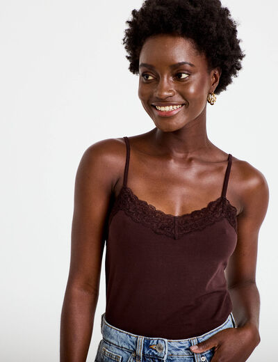 D&eacute;bardeur ajust&eacute; d&eacute;collet&eacute; dentelle marron femme