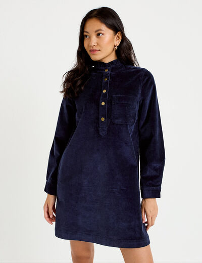 Robe droite velours col montant bleu marine femme