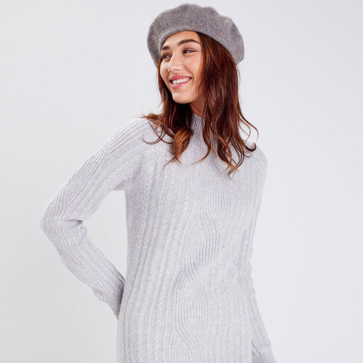 Robe pull droite col montant gris clair femme