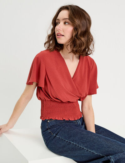 Blouse smockée manches courtes vieux rose femme