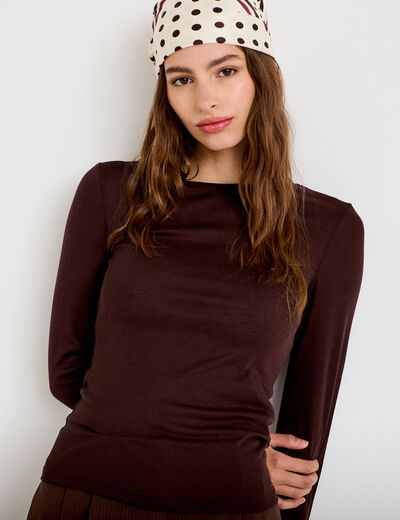 T-shirt ajust&eacute; col rond manches longues marron fonc&eacute; femme