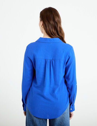 Chemise lin col V manches longues bleu electrique femme