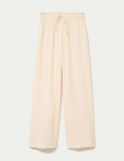 Pantalon large fluide taille haute ecru femme
