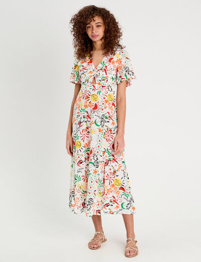 Robe longue évasée col twisté blanc femme