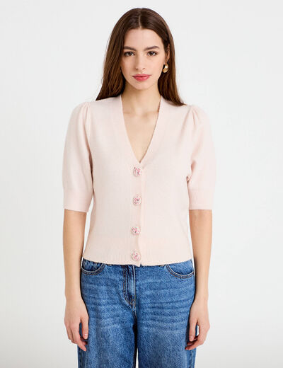 Pull manches courtes boutons brod&eacute;s rose clair femme