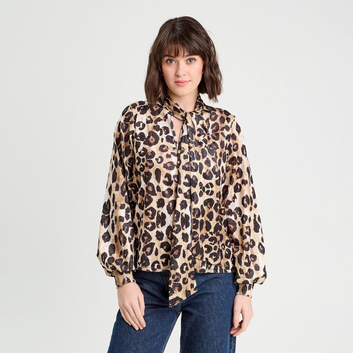Blouse col lavallière beige femme