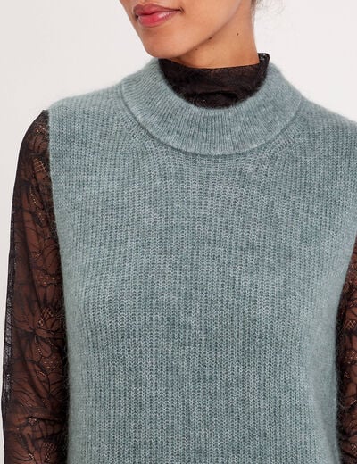 Pull sans manches col roulé vert foncé femme