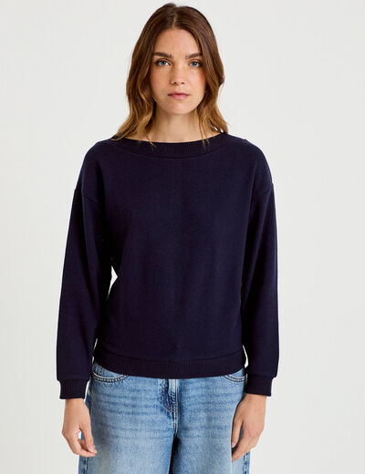 Sweat duveteux col rond manches longues bleu marine femme