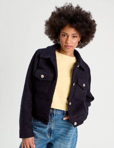 Veste boutonnée bouclette bleu marine femme