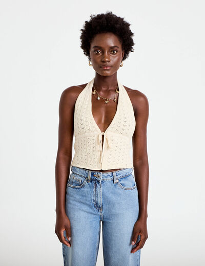 Top ajour&eacute; ecru femme