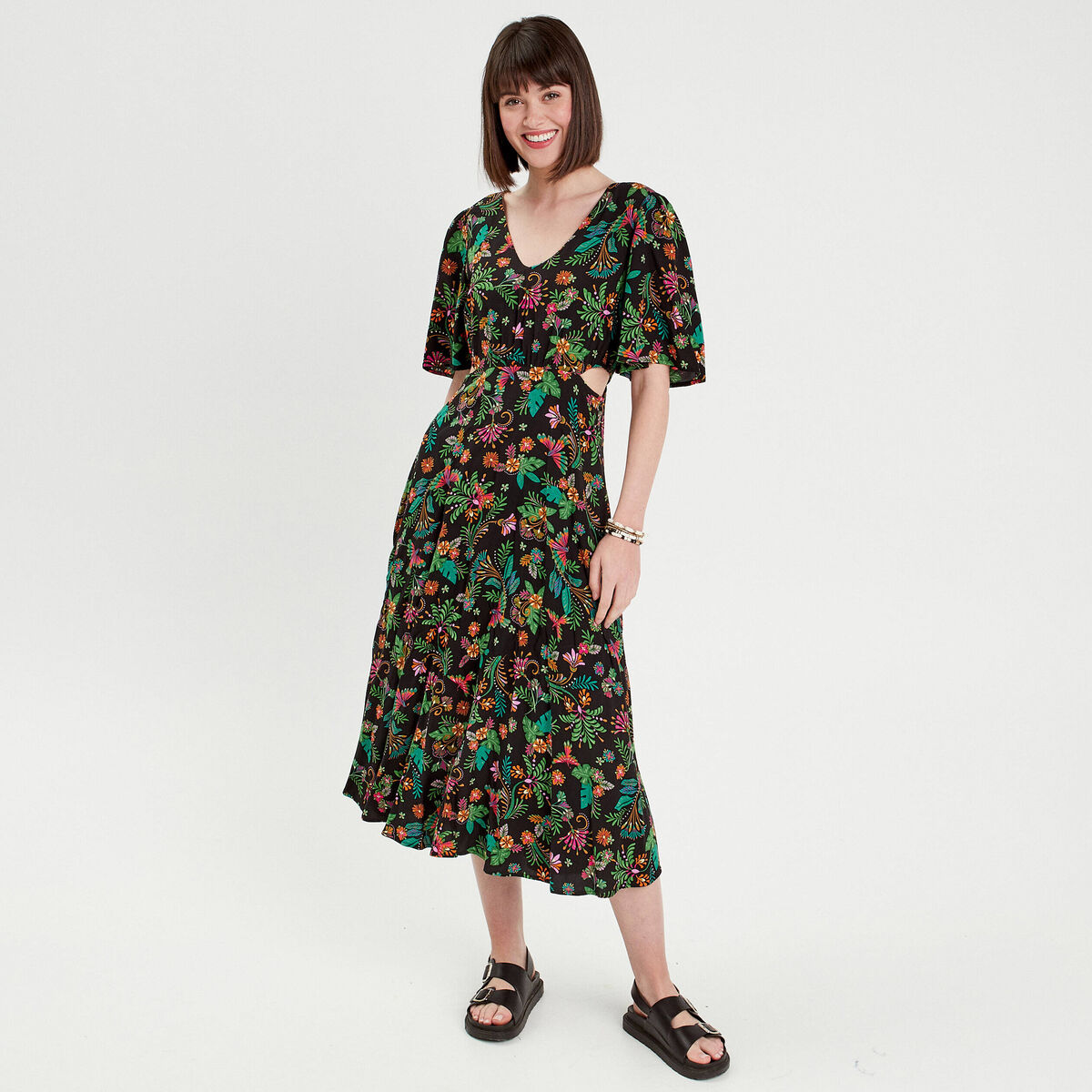 Robe longue évasée ouvertures noir femme
