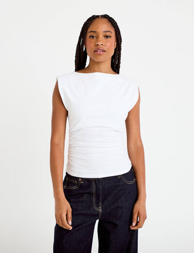 T-shirt ajust&eacute; col bateau sans manches blanc femme